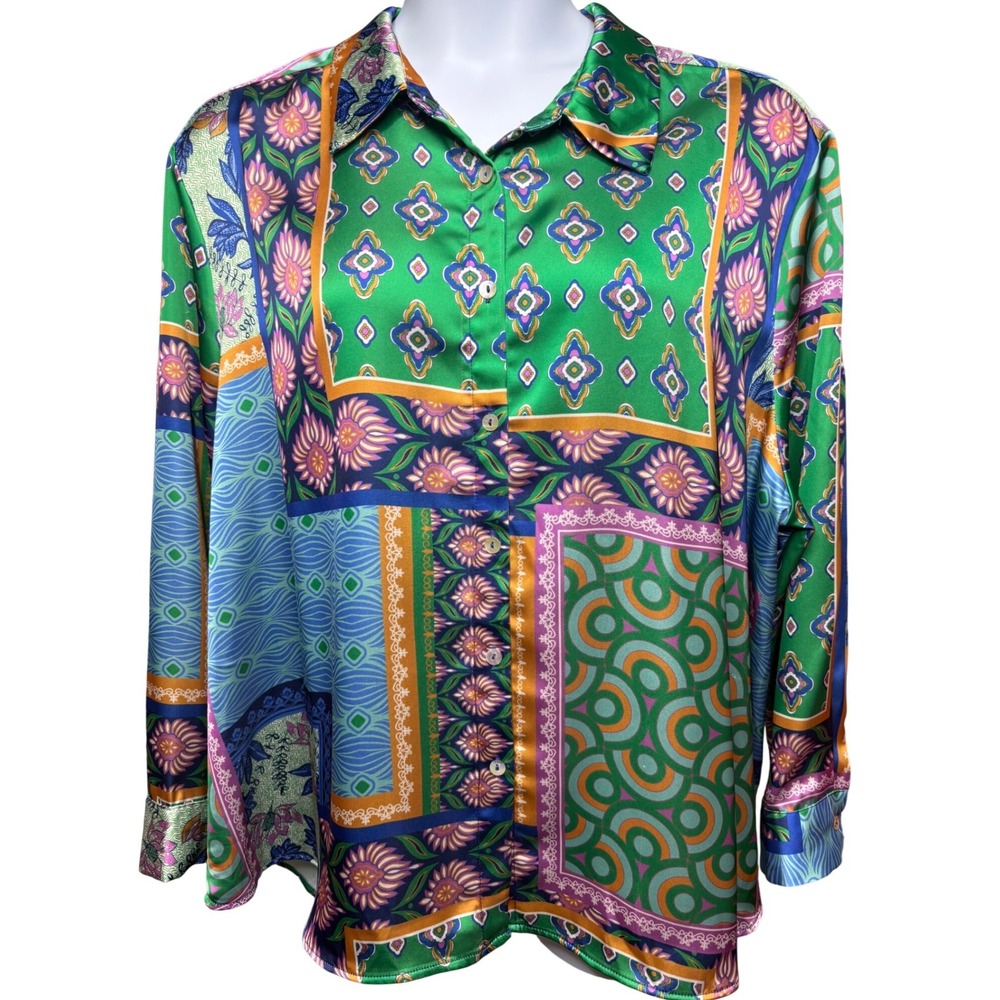 RACHEL ZOE Womens Green Satin Patchwork Button Down Blouse 3X Boho Retro Boho